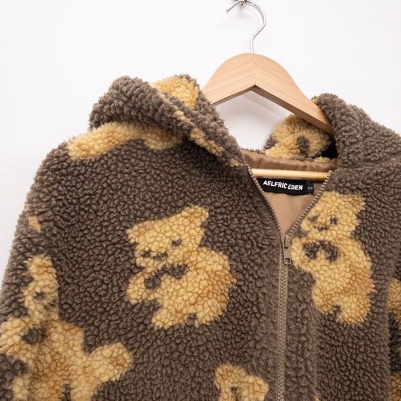 Aelfric Eden Teddy Bear Print Sherpa Hoodie Jacket Size Small - Picture 5 of 11